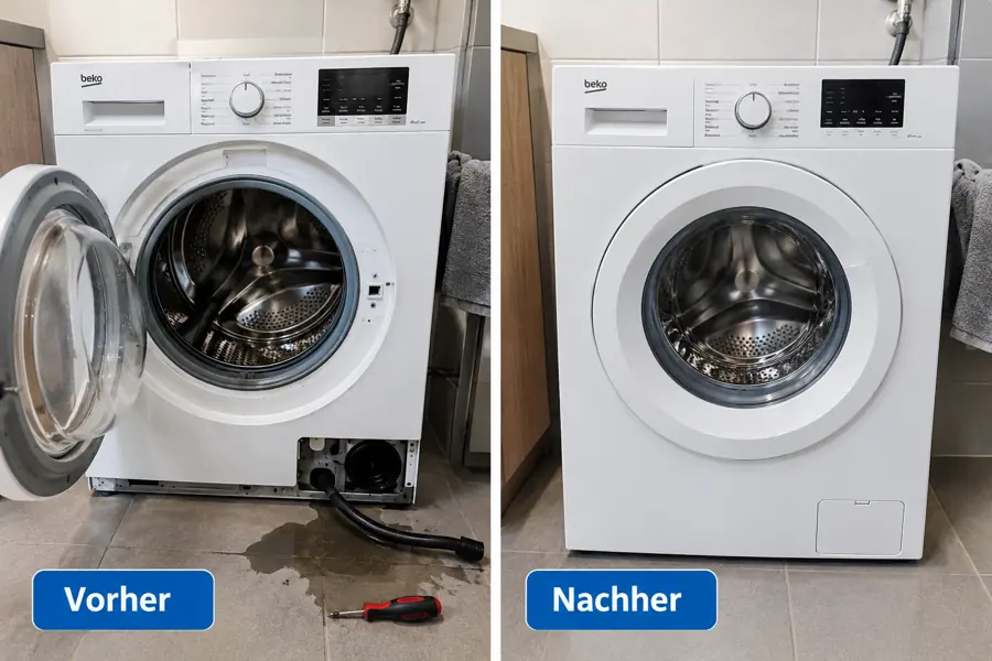 Vorher-Nachher-Vergleich einer reparierten Waschmaschine in Frankfurt-Höchst mit sichtbarem Wasserschaden