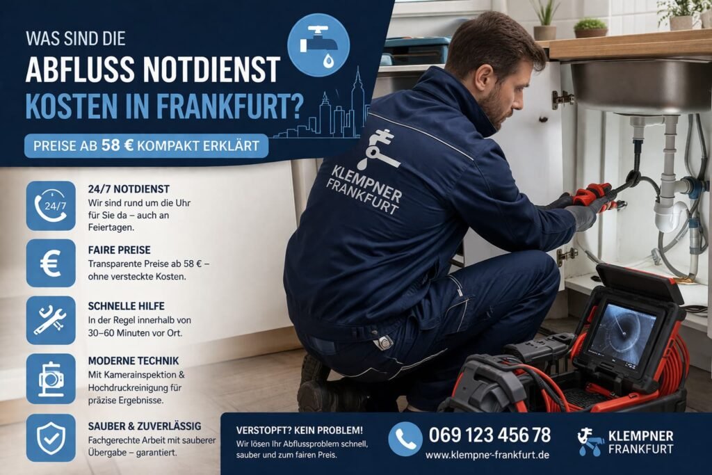 Klempner in Frankfurt behebt Abflussverstopfung unter Spüle – transparente Notdienst Kosten ab 58 €