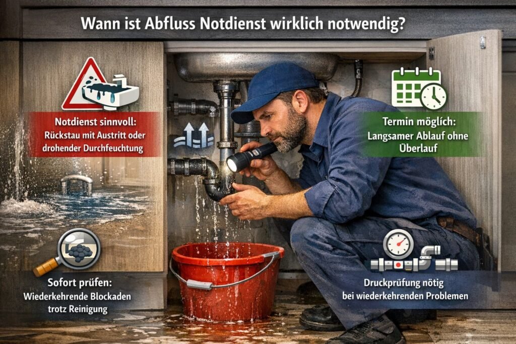 Deutscher Klempner repariert verstopften Abfluss unter Spüle mit Notdienst-Hinweisen