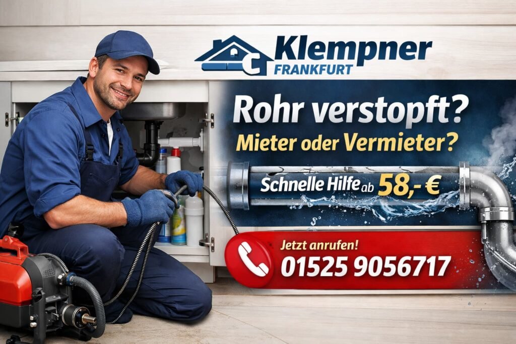 Klempner Frankfurt repariert verstopftes Rohr – schnelle Hilfe ab 58€ für Mieter oder Vermieter