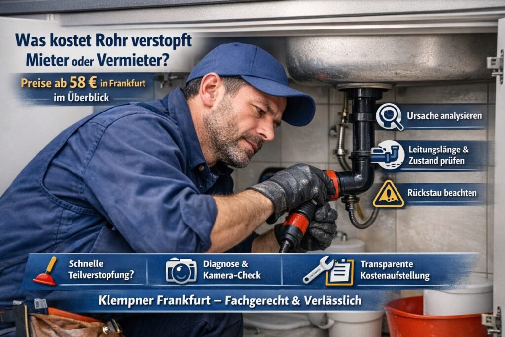 Klempner in Frankfurt beseitigt Rohrverstopfung unter Waschbecken – professionelle Rohrreinigung ab 58 €