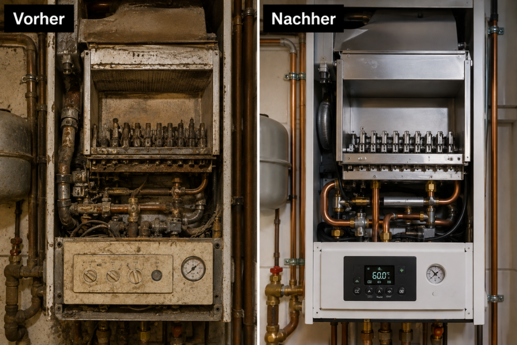 Gasheizung Frankfurt Vorher-Nachher-Vergleich: Alte, verschmutzte und korrodierte Gastherme vs. professionell gewartetes und gereinigtes Heizsystem mit digitaler Steuerung.