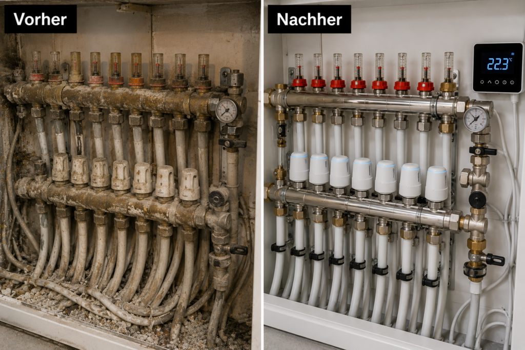 Fußbodenheizung Frankfurt Vorher-Nachher-Vergleich: Alter, verstaubter Heizkreisverteiler vs. neu installierter Verteiler aus Edelstahl mit modernen Stellantrieben und digitalem Thermostat.