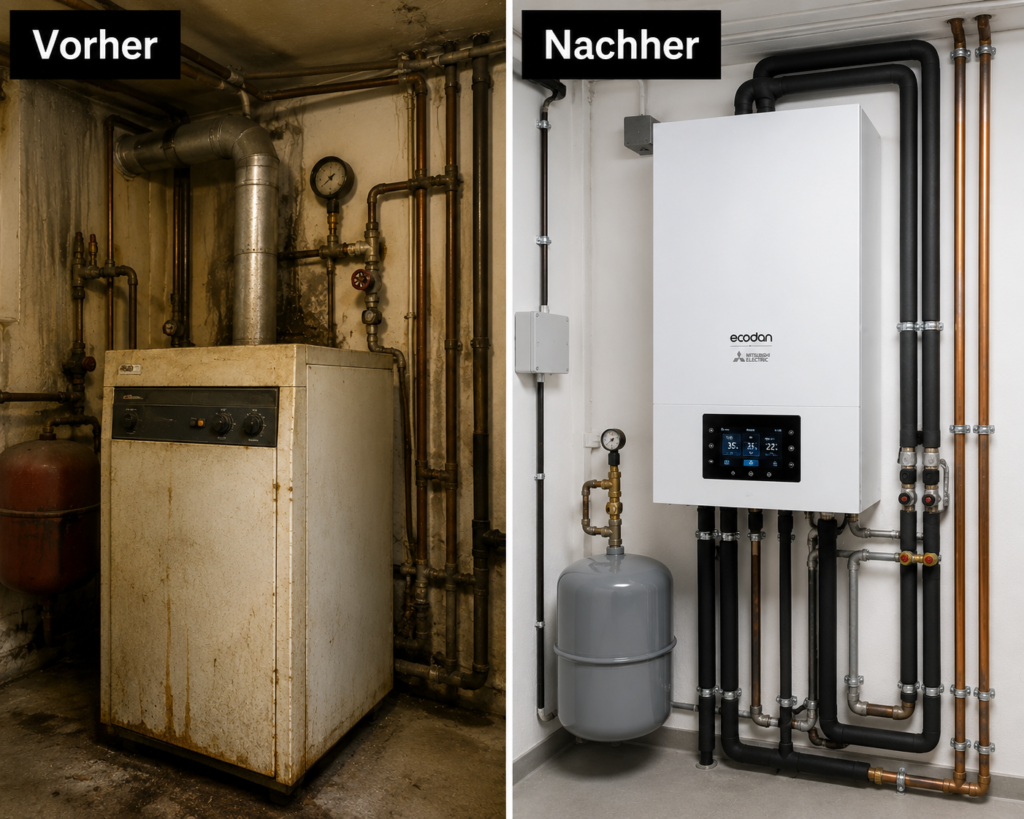 Wärmepumpe Frankfurt Vorher-Nachher-Vergleich: Alte, verrostete Öl- oder Gasheizung vs. neu installierte, moderne Wärmepumpen-Inneneinheit von Mitsubishi Electric mit isolierter Verrohrung.