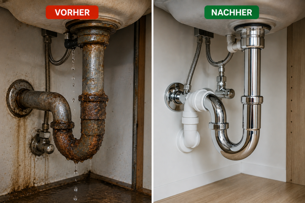 Vorher-Nachher-Bild einer Kücheninstallation unter der Spüle mit rostigem, undichtem Abflussrohr vor der Reparatur sowie einer neuen, professionell installierten Chrom- und PVC-Verrohrung nach der Sanierung.