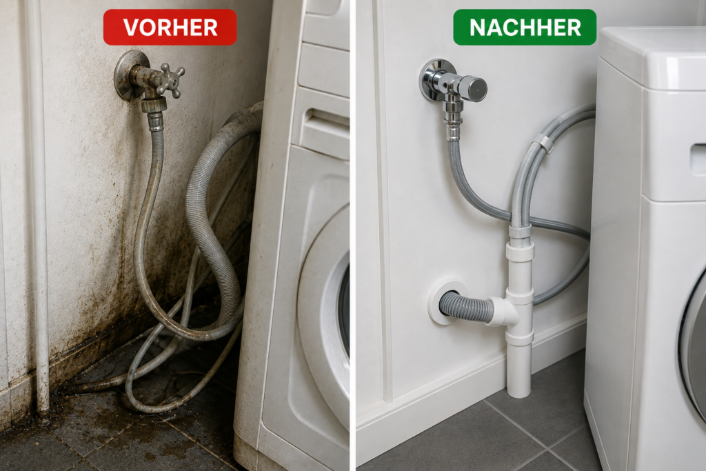 Vorher-Nachher-Bild eines Waschmaschinenanschlusses mit altem, verschmutztem Wasseranschluss und ungeordneten Schläuchen vor der Sanierung sowie einer neuen, professionell installierten Wasser- und Abflussinstallation nach der Modernisierung.