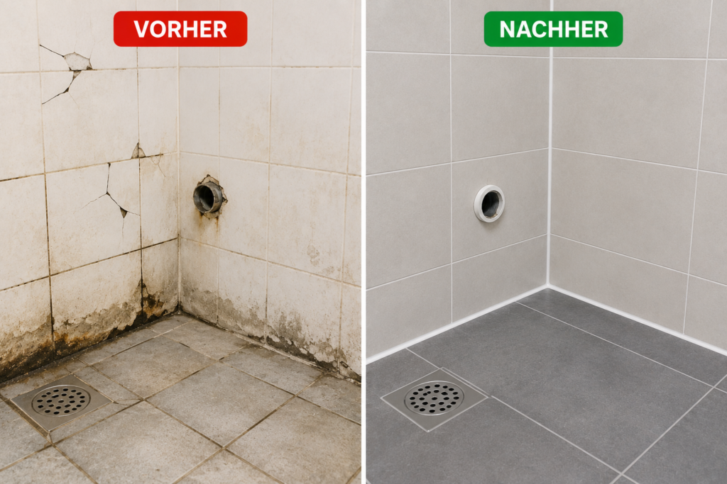 Vorher-Nachher-Bild einer Badezimmer-Fliesenrenovierung mit beschädigten, rissigen und feuchten Fliesen vor der Sanierung sowie neuen, professionell verlegten Keramikfliesen mit sauberer Verfugung und wasserdichter Abdichtung nach der Renovierung.