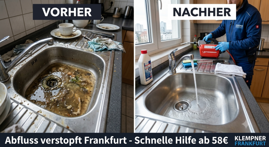 Vorher-Nachher-Vergleich einer Abflussreinigung in Frankfurt: Verstopfte Küchenspüle links und sauber fließendes Wasser nach der professionellen Rohrreinigung rechts.