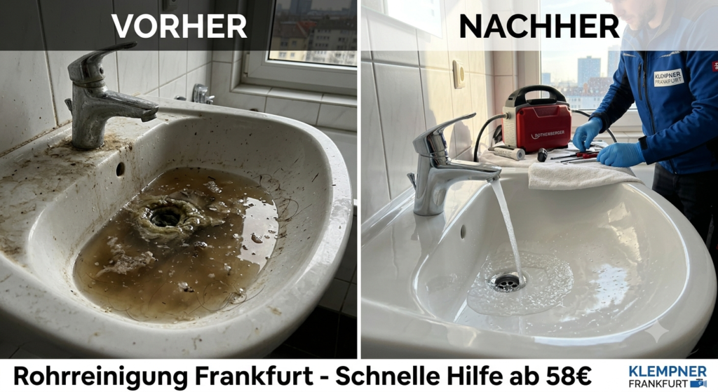Vorher-Nachher-Vergleich einer Abflussreinigung in Frankfurt durch Klempner Frankfurt