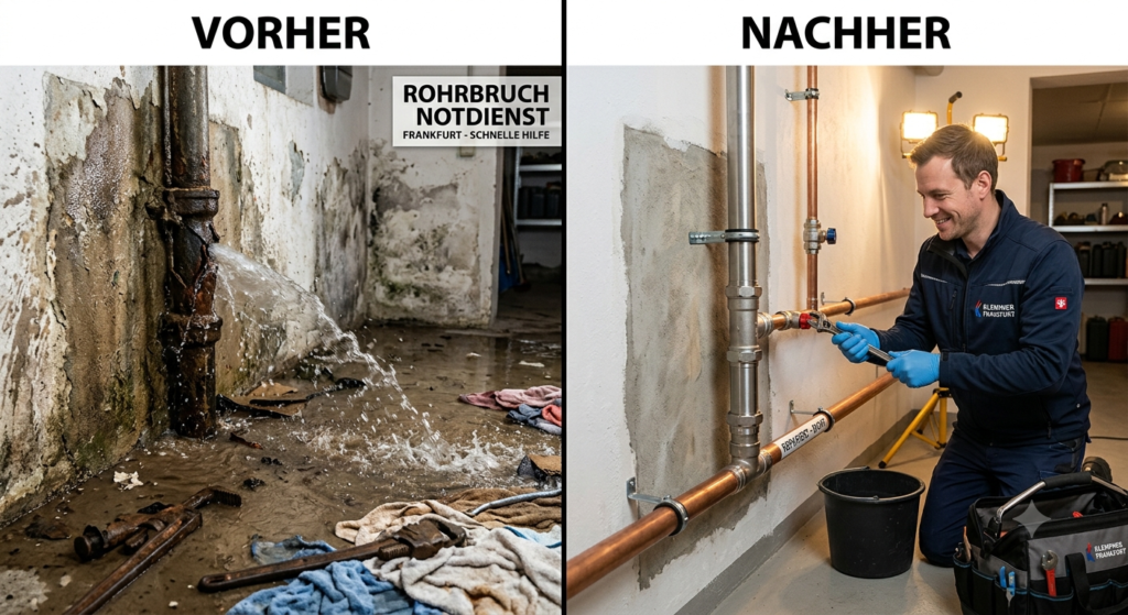 Vorher-Nachher-Vergleich bei einem Rohrbruch in Frankfurt: Links ein geborstenes Rohr mit massivem Wasseraustritt, rechts die professionelle Reparatur der Leitungen durch einen Klempner.