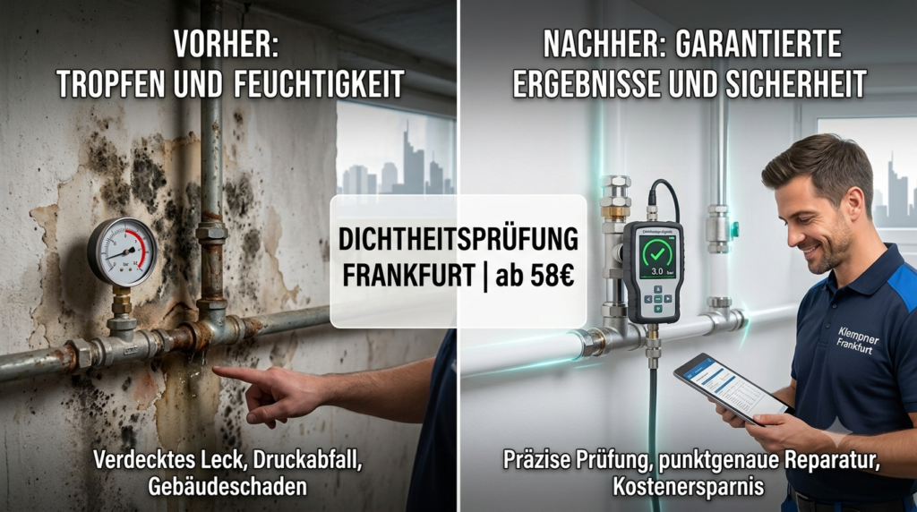 Vorher-Nachher Vergleich einer Dichtheitsprüfung in Frankfurt: Links ein undichtes Rohr mit Schimmelwand, rechts eine professionelle Leitungsprüfung mit digitalem Messgerät durch einen Klempner.