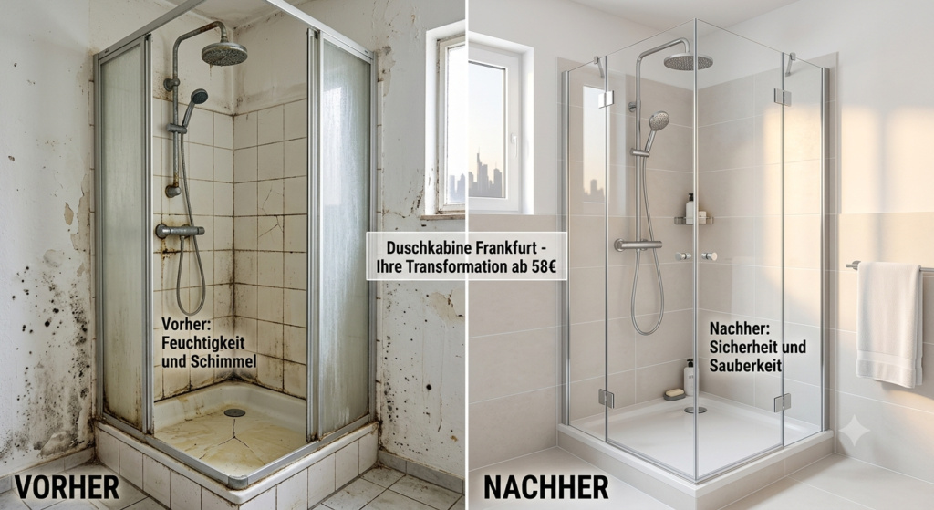 Montage in Frankfurt. Links: Alte, schimmelige Dusche. Rechts: Moderne, saubere Echtglas-Duschkabine.