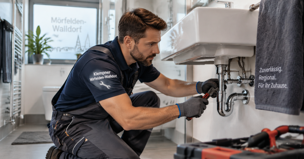 Klempner bei einer Sanitärreparatur in Mörfelden-Walldorf