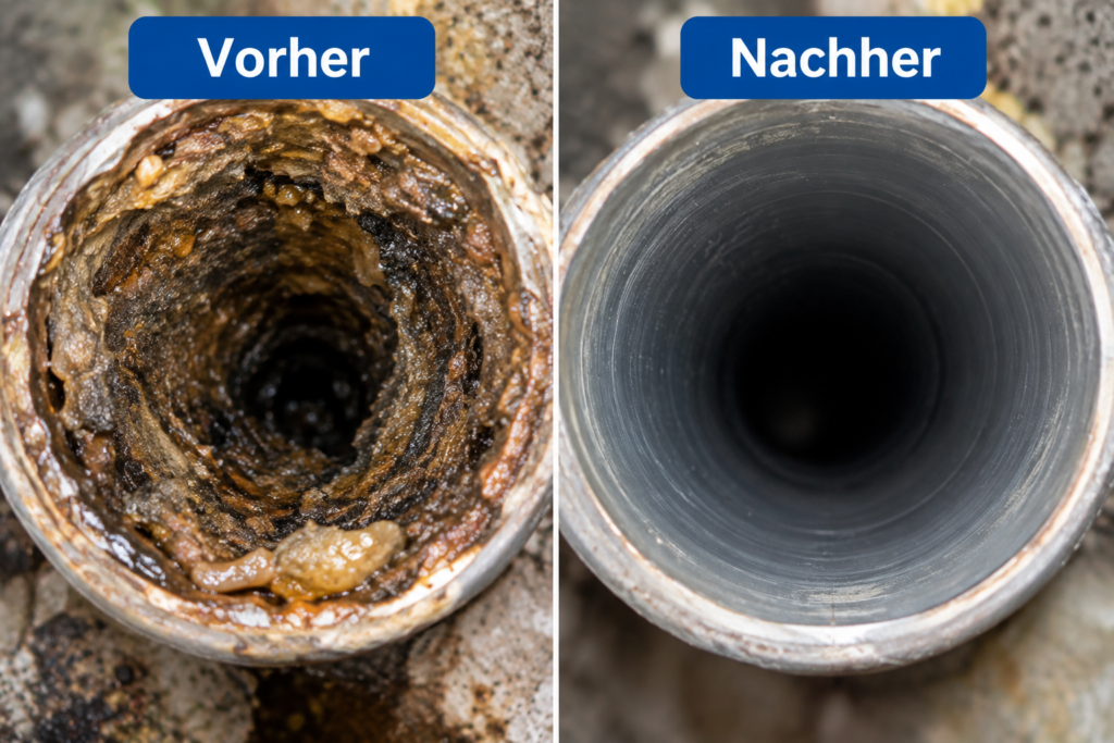Rohr vor und nach der professionellen Reinigung in Mörfelden-Walldorf