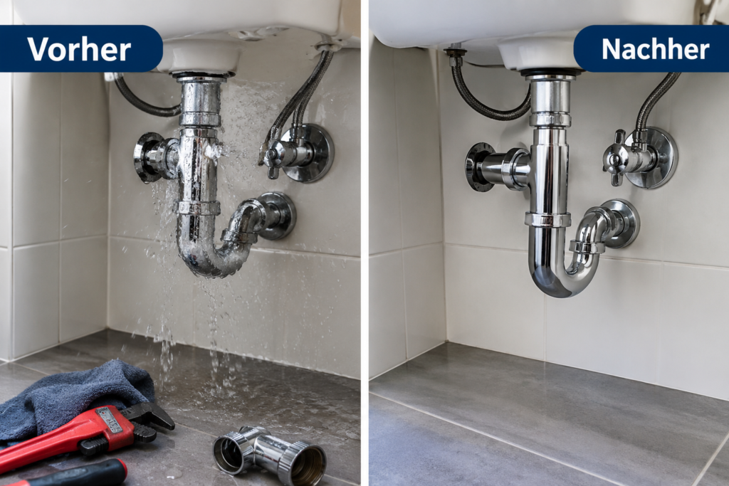 Vorher-Nachher-Vergleich einer reparierten Waschbecken-Rohrleitung in Maintal