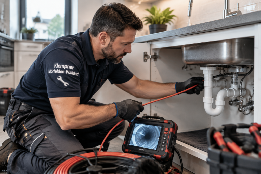 Klempner prüft eine Rohrleitung in Mörfelden-Walldorf